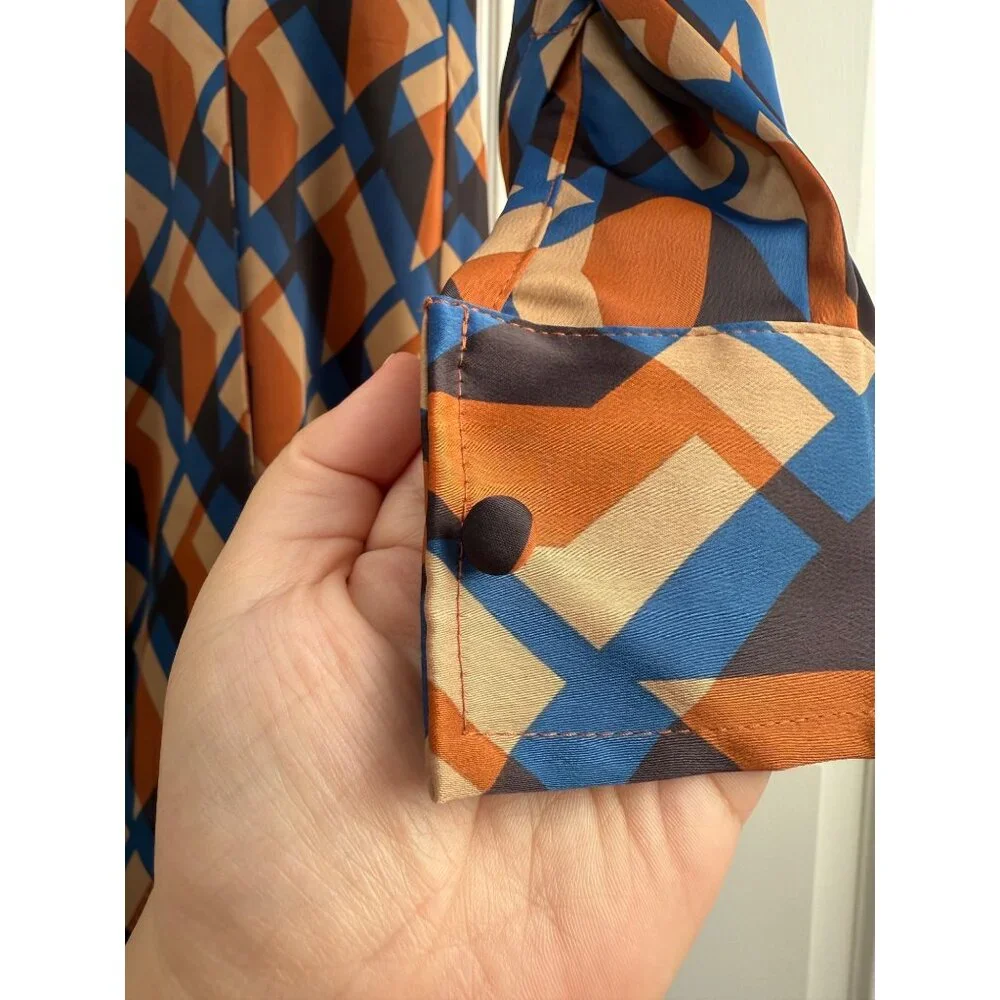 Banana Republic Blue and Orange Geometric Print Satin Wrap Dress - Picture 9 of 12